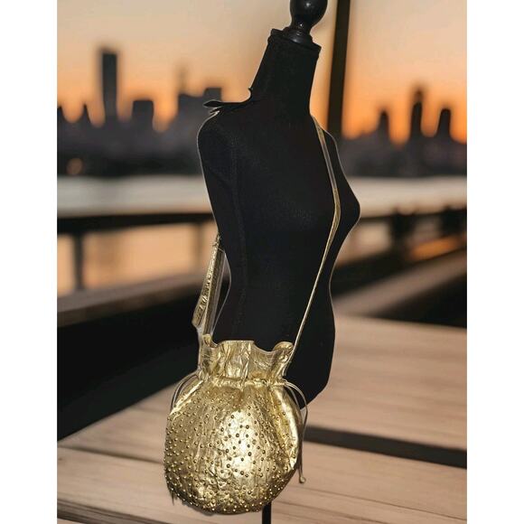 Viva Of California Gold Leather Studded Tassels Vintage Bucket Handbag 11x10x5 - Picture 1 of 14